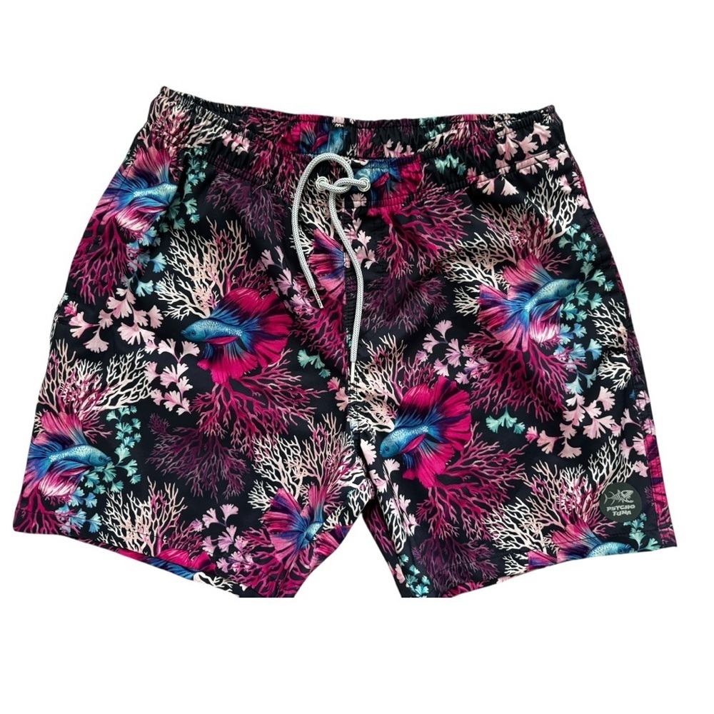Psycho Tuna Tropical Swim Trunks – Men’s L – Coral Fish Print 🐠🌺